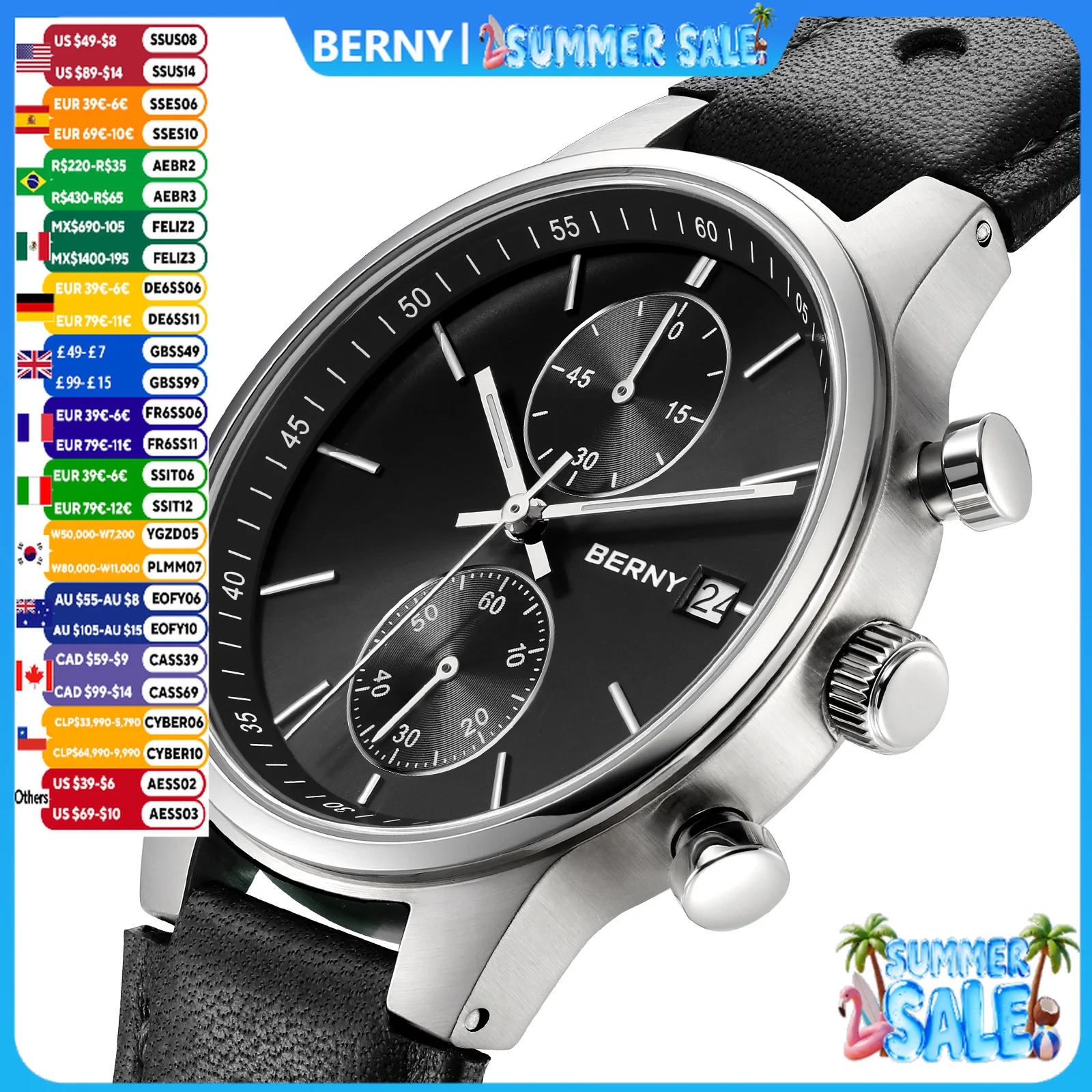 

BERNY Chronograph Men's Watches Multi-function Luminous Date Quartz Watch Calendar Colorful Leather Strap Sports Wristwatch