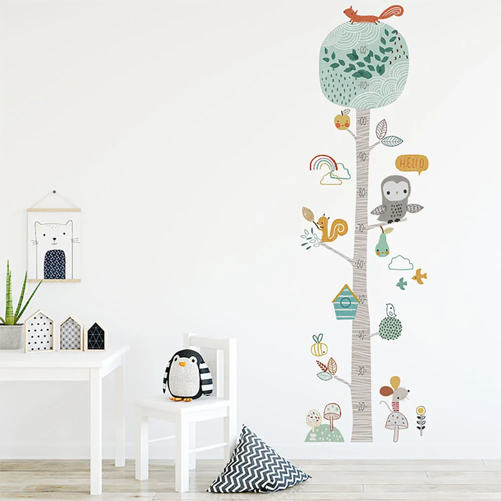 Cute Animal Height Chart Wall Decal, Woodland Tree with Owl, Squirrel & Mouse Removable Kids Room Sticker