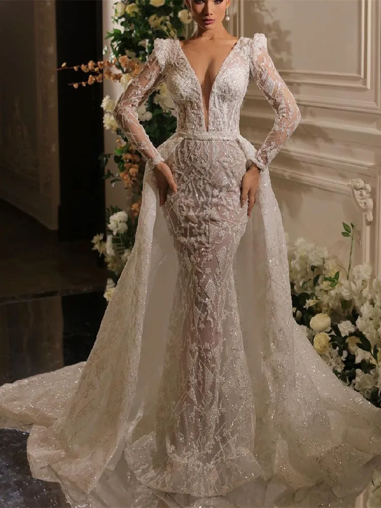 

Elegant Mermaid Wedding Dresses Long Sleeves V Neck Sequins Beaded Appliques Lace Detachable Train Bridal Gowns Vestina De Novia