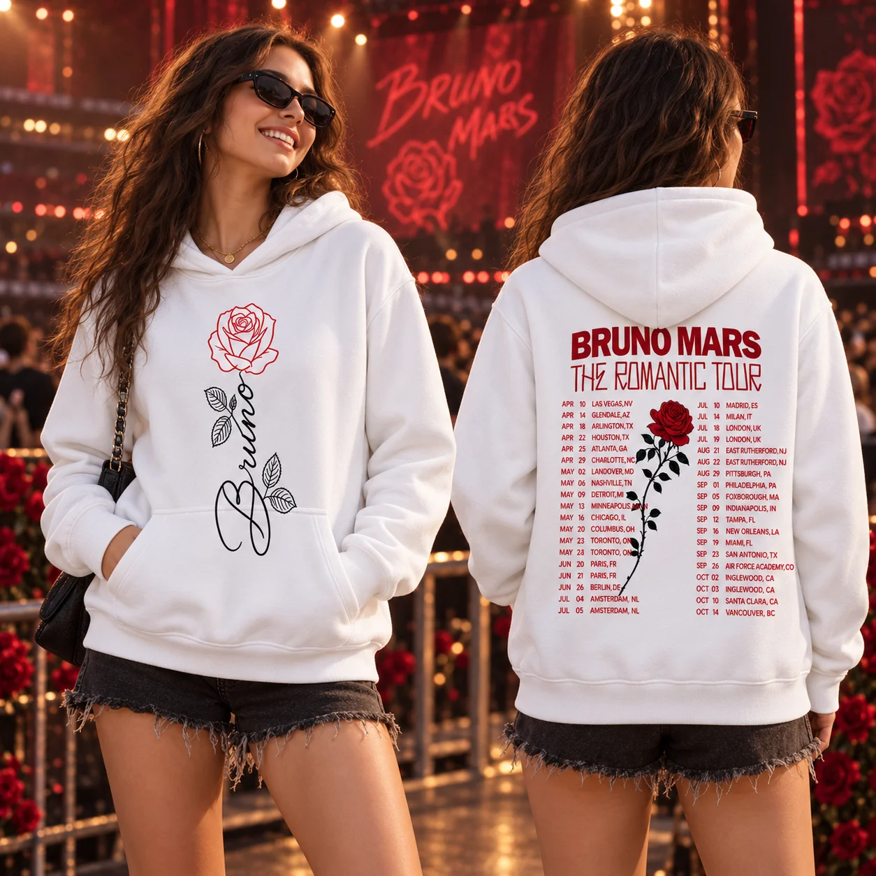 2026 Bruno Mars The Romantic Tour Hoodie Women Rose Graphic Hooded Sweatshirt Concert Fan Long Sleeve Pullover Streetwear Tops