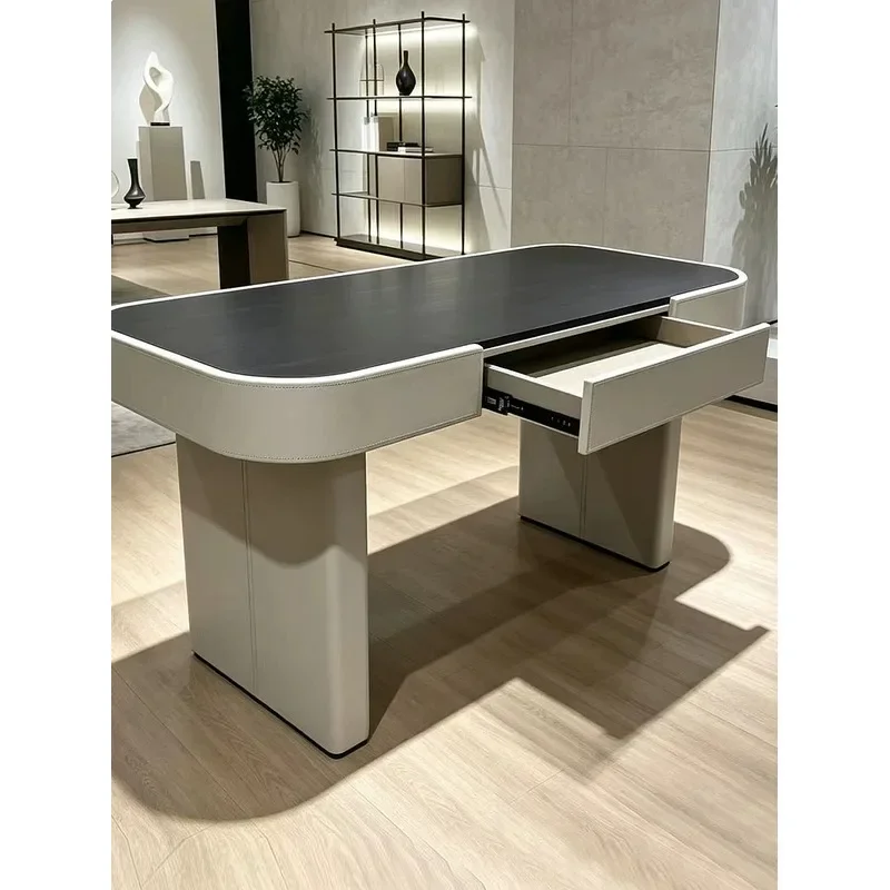 ZL Modern Round Corner Solid Wood Desk with Drawer Leather Writing Table Workstation