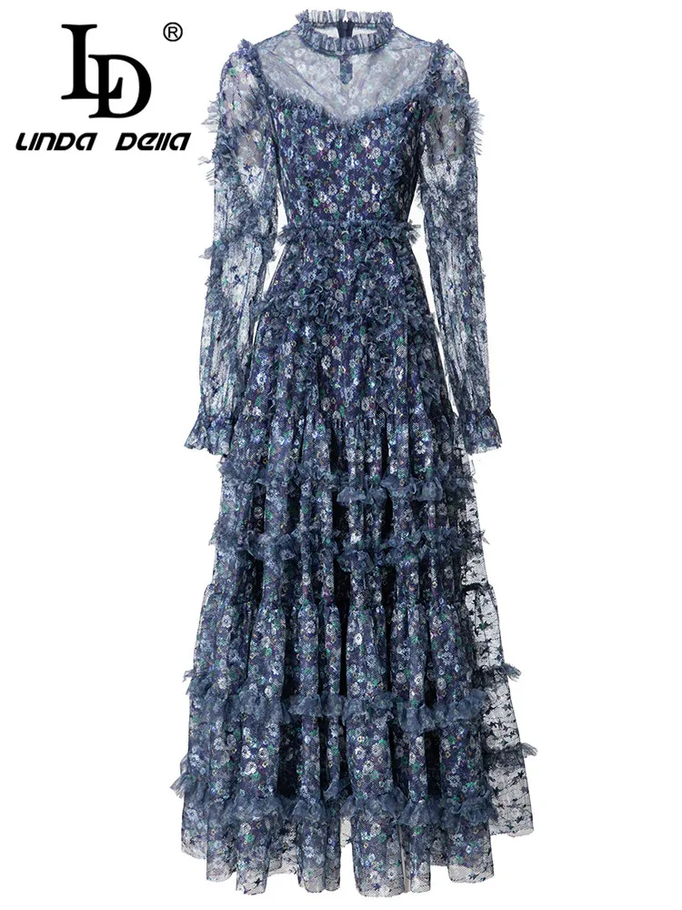 

LD LINDA DELLA Autumn New Style Italian Luxury Dress Women's Round Neck Flower Color Print Splice Cascading Ruffle Lace Dress