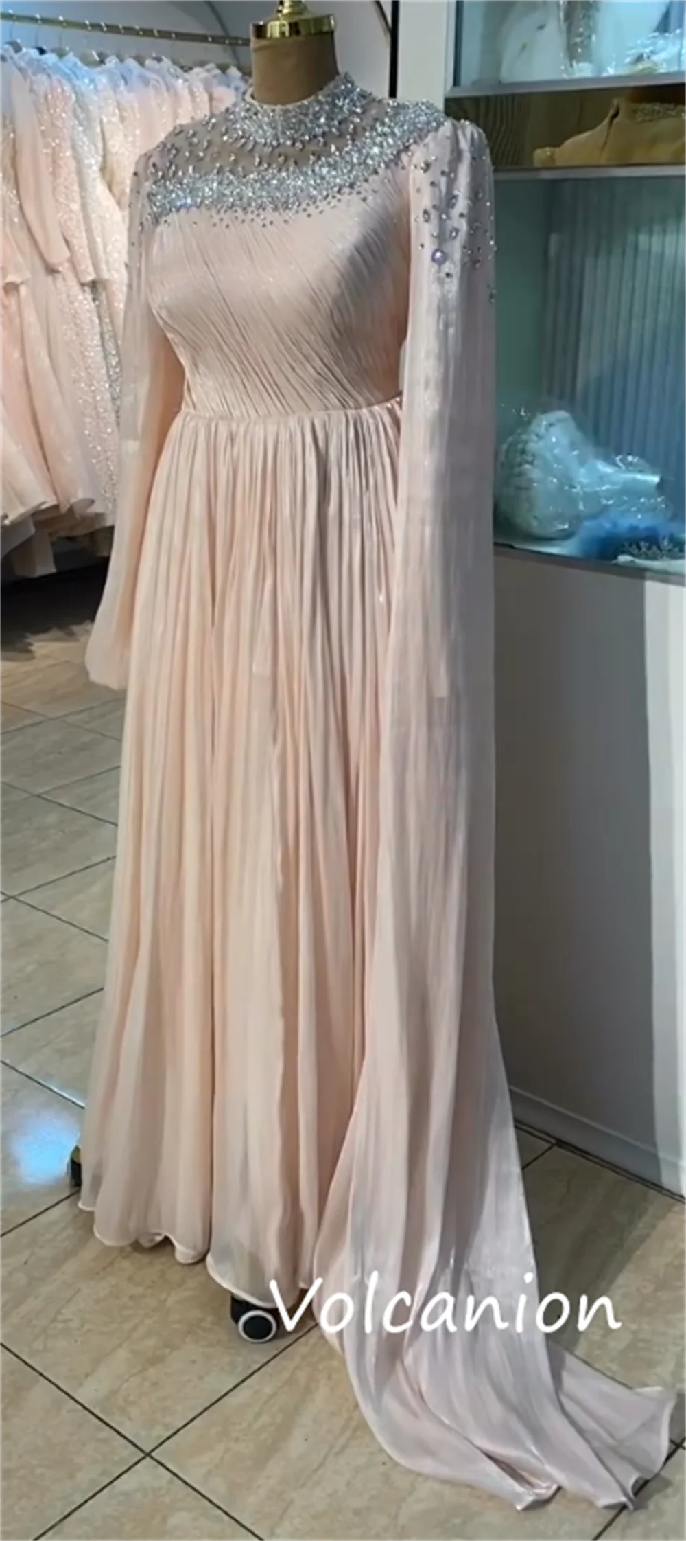 Customized Formal Casual Jersey Sequined PleatA-lineHigh Collar Long Dresses Bespoke Occasion Exquisite