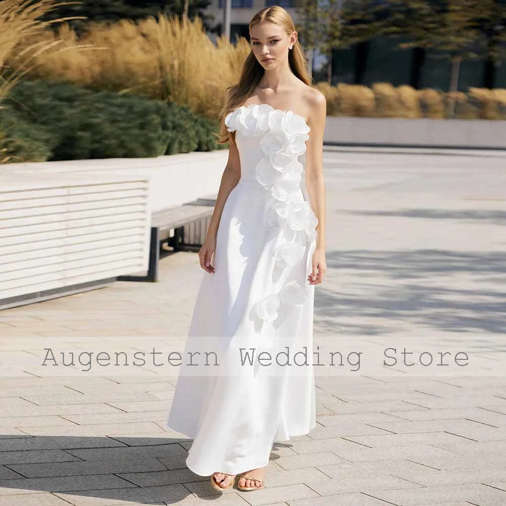 Moderne Hochzeits-Partykleider, Kreppstoff, A-Linie, Halle-Hochzeitskleid, weiß, trägerlos, 3D-Blumen, gerüscht, Hochzeitsgastkleid, Maxi