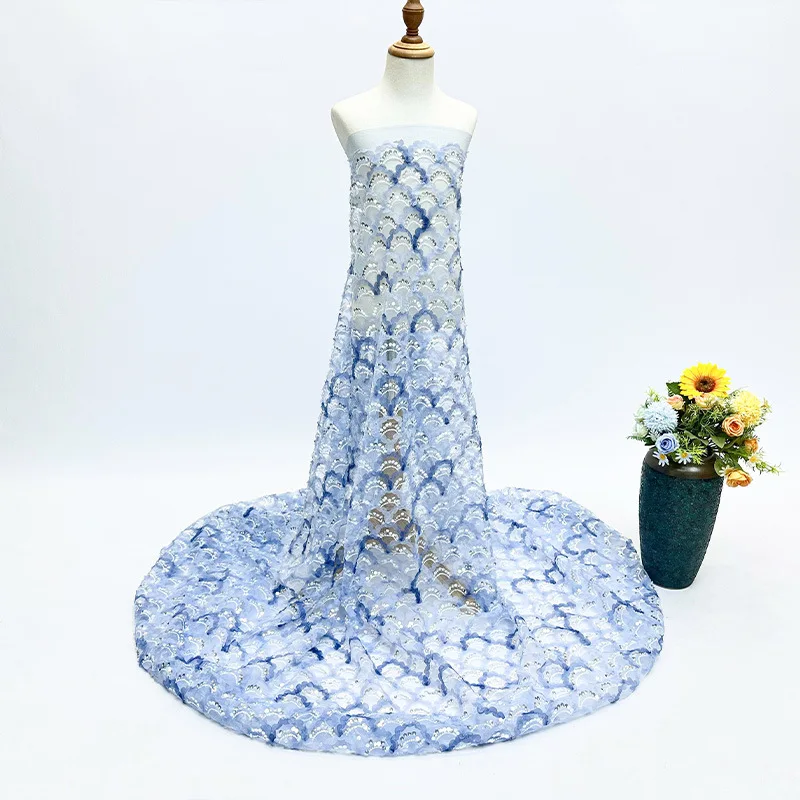 Blue Scale Sequined Mesh Fabric, Glitter Net Cloth for Stage Performance Gown, Kids & Women Clothes, Designer Sewing Material