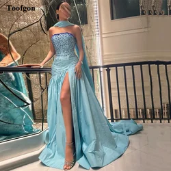 Toofgon Elegant Blue Saudi Arabic Women Prom Dresses Beaded Slit Dubai Formal Party Dress Evening Gowns Birthday Wear Customized