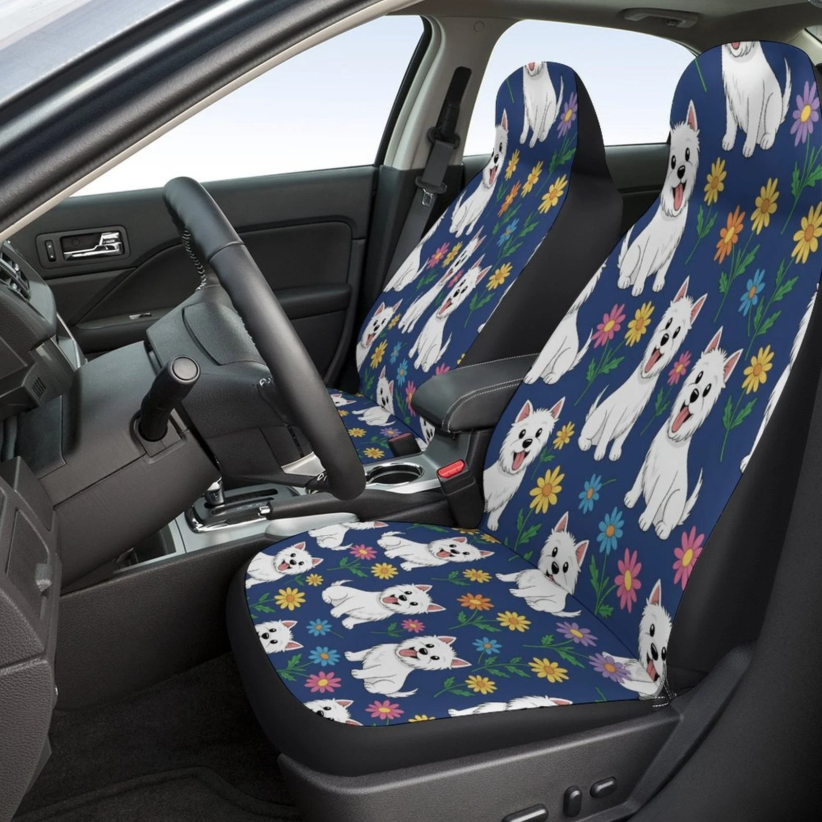 Westie Flowers Pattern Themed Car Seat Cover Set For Most Cars, Trendy High-quality Car Seat Protector Covers Full Set, Car Sea