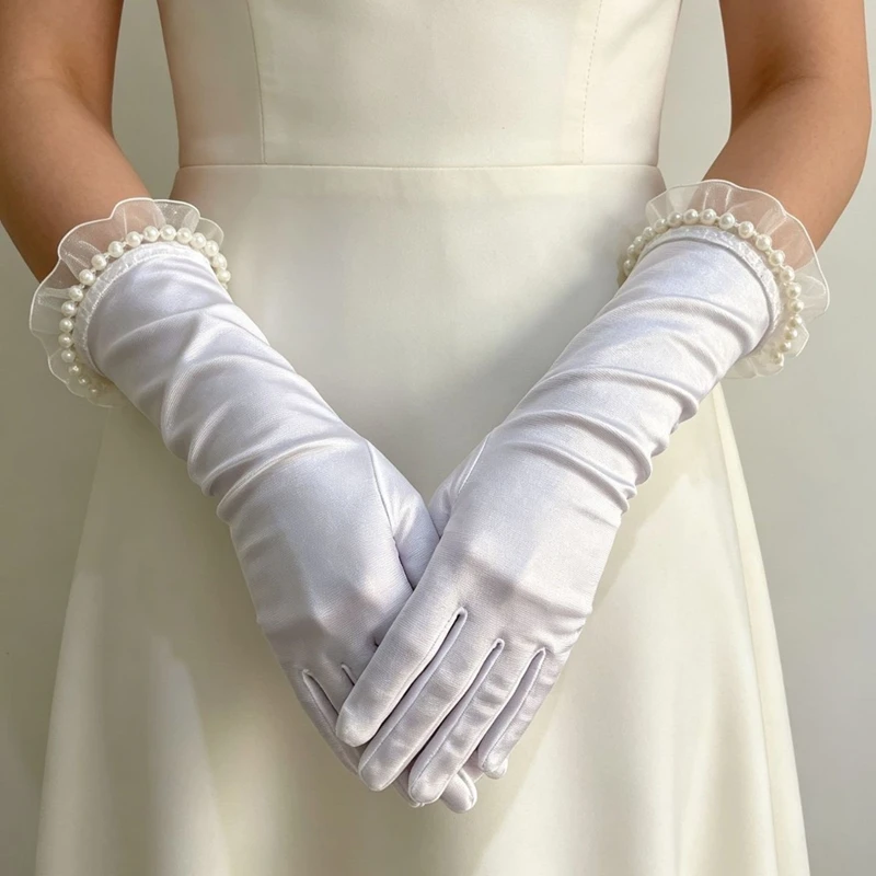 Elegant White Long Satin Pearl Ruffled Gloves Bridal wedding Dress Accessories Evening Party Costume Mittens Photo Shoot Props