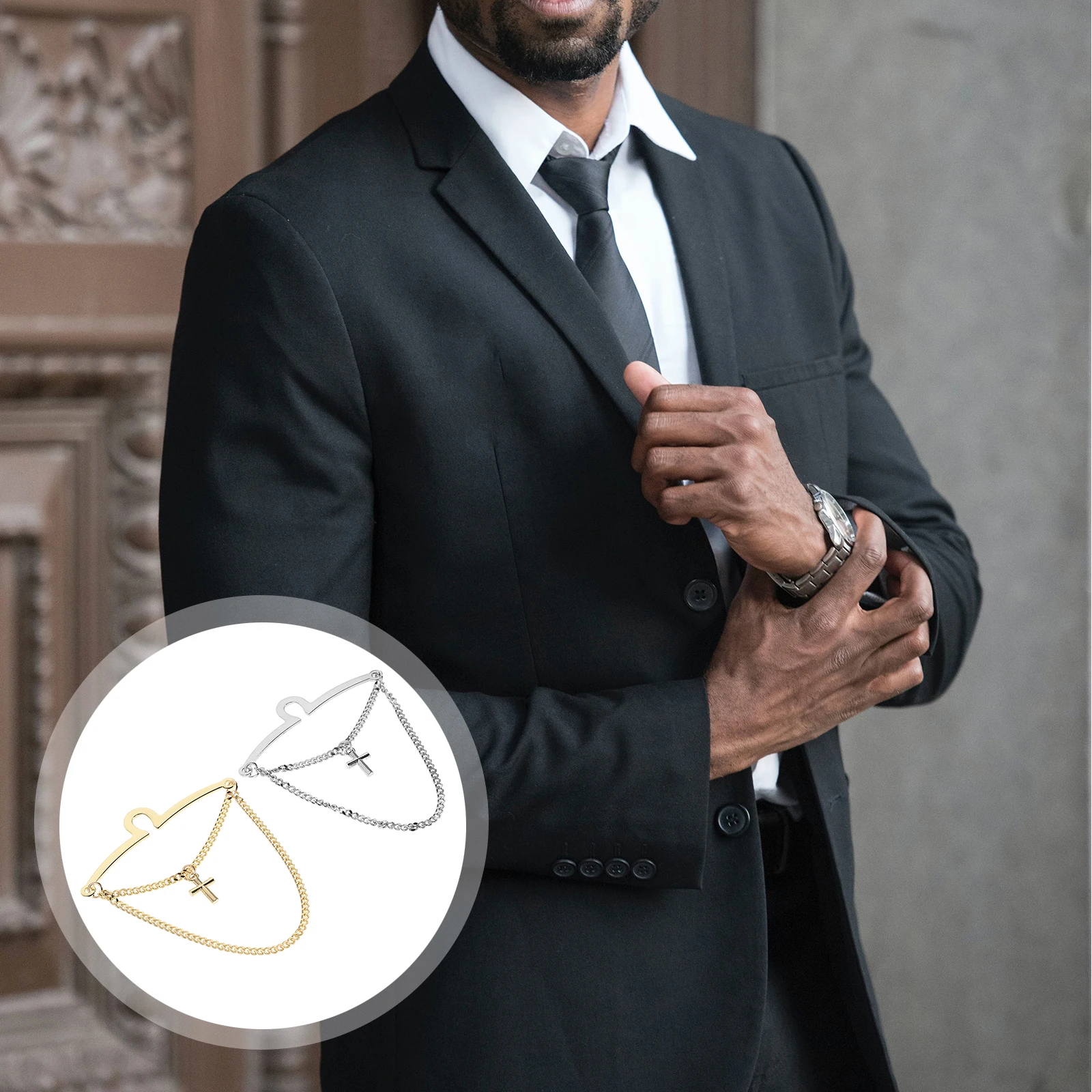 

2pcs Copper Tie Clip Chain Business Necktie Holder Collar Chain Pins Durable Elegant Cross Design Lightweight Secure Wedding