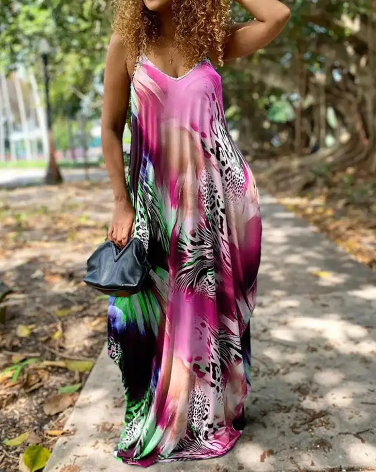 

Women's casual dress 2024 summer new women's casual leopard print tie dye printed Italian noodle strap long dress