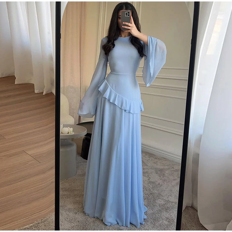 Fashion Flare Sleeve Ruff Long Dress Women Solid O-neck High Waist Slim  Pleated Maxi Dresses 2025 Lady Summer Chic Party Robes - AliExpress  200000345