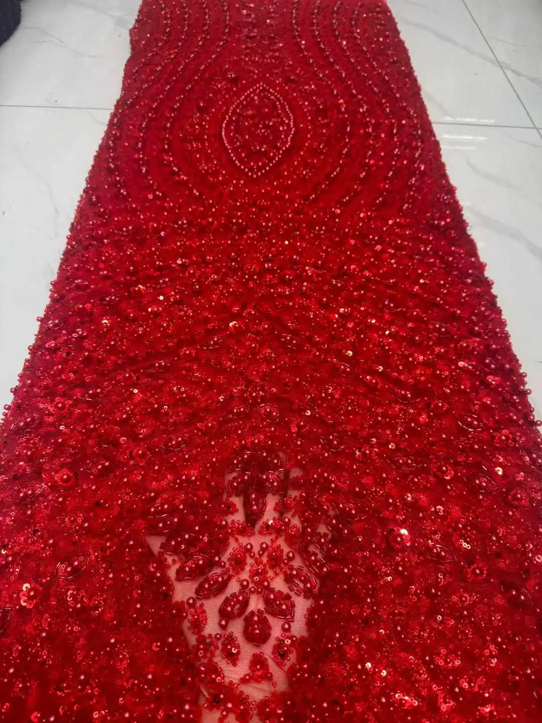 

African Heavy Beaded Lace Fabric 2025 High Quality Red Nigerian French Mesh Lace Fabrics With Sequins For Wedding Party Dresses