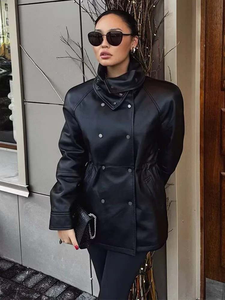 HH Women Double Breasted Stand Collar Long Sleeves Pocket Decoration Fashion Leather Jacket Female Casual Style Mid Length Coat