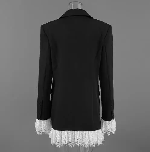 Women's Blazer 2025 Spring Autumn New Solid Color Notched Collar Lace Patchwork Black Temperament Long Sleeve Blazer Coat