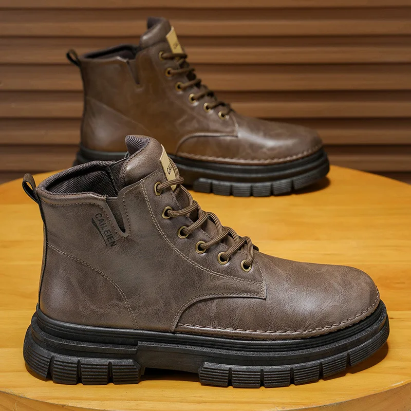 Men's High-Top British Retro Work Shoes Thick-Soled Waterproof Outdoor Casual Ankle Boots Leather Shoes