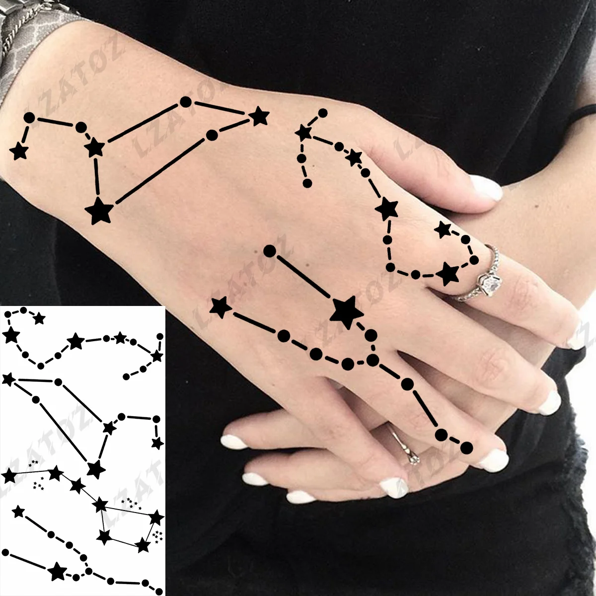 Unique Constellation String Temporary Tattoos For Woman Girl Hand Black Fake Tattoo Sticker Finger Trumpet Art Washable Tatoos