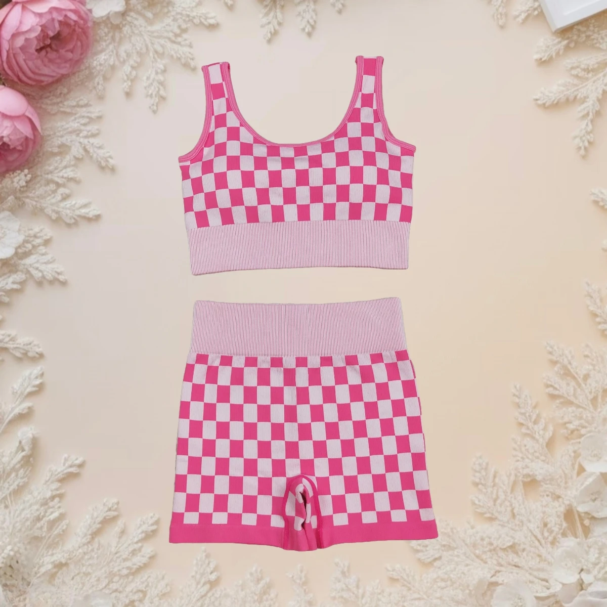

Hot Sale Women Workout Set Female Sports Bra and Shorts Knit Two Piece Outfit Fitness Yoga Gym Clothes Fashion Activewear Summer