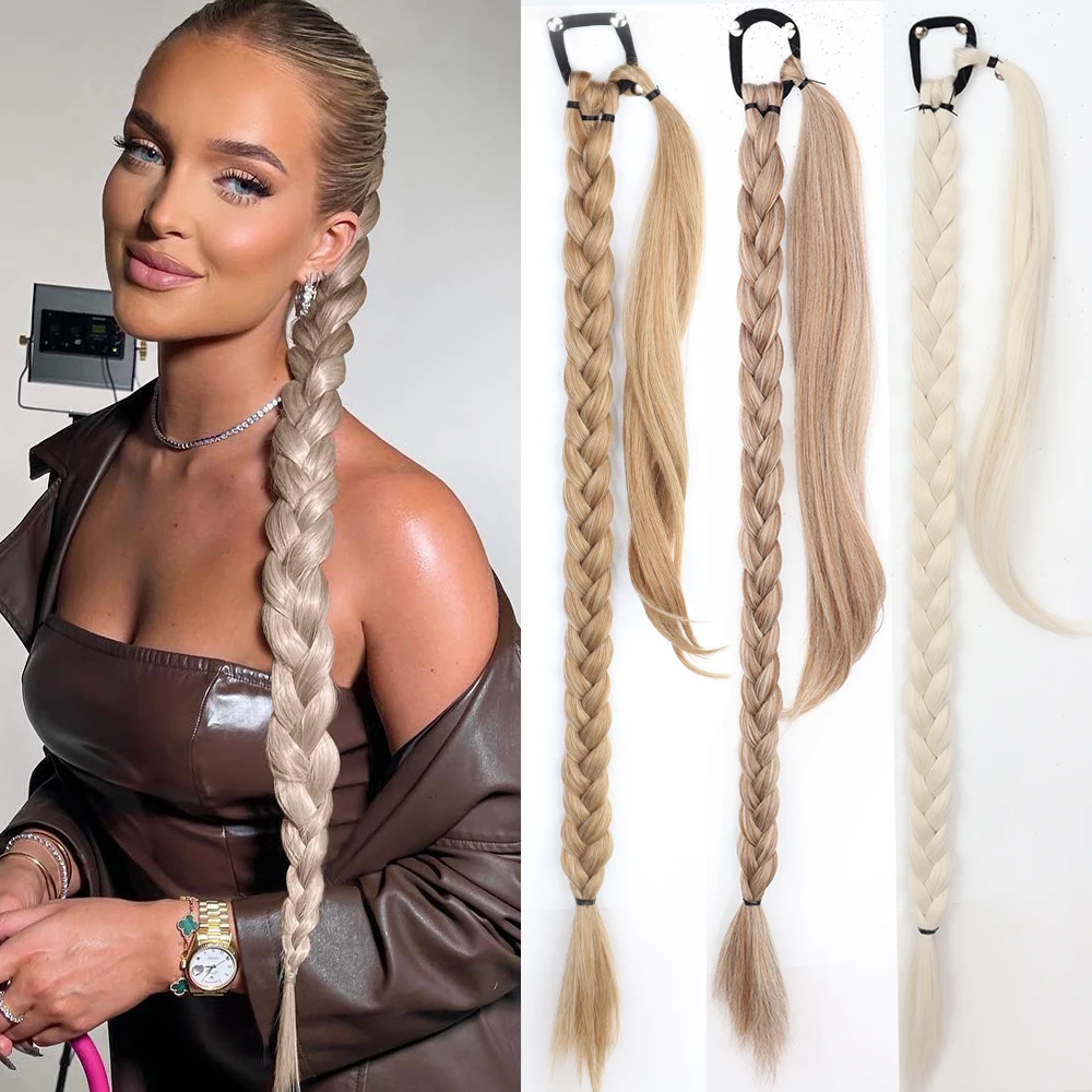 Paardenstaart Extensions Synthetisch Boksen Vlechten Wrap Rond Chignon Staart Met Rubberen Band Haar Ring 34 "Diy Bruin Ombre Vlecht