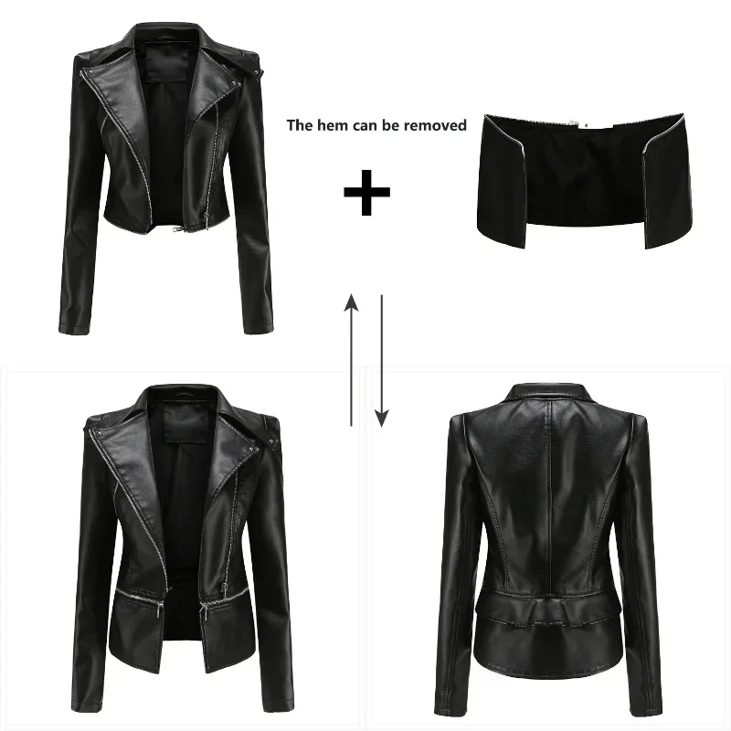 BTQWFD Autumn Jackets Women\'s Winter Coats Female Clothing 2024 New Long Sleeve Leather Outwear Motor Biker Tops Detachable Hem