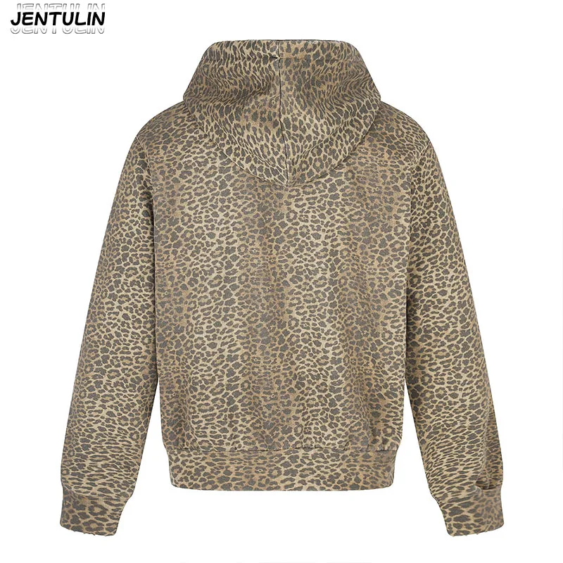 American Retro Leopard Print Hollowed Out Perforated Letter Hooded Cardigan With Double Zipper Men's Hoodie Jacket
