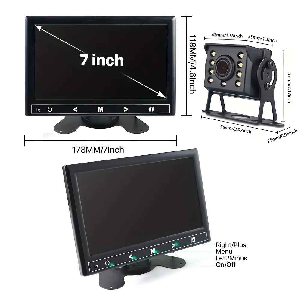 7-Inch Touch Key Monitor Spare Camera Kit for Trailers, Forklifts, Harvesters - 12-24V with Parking Guide, Color Display