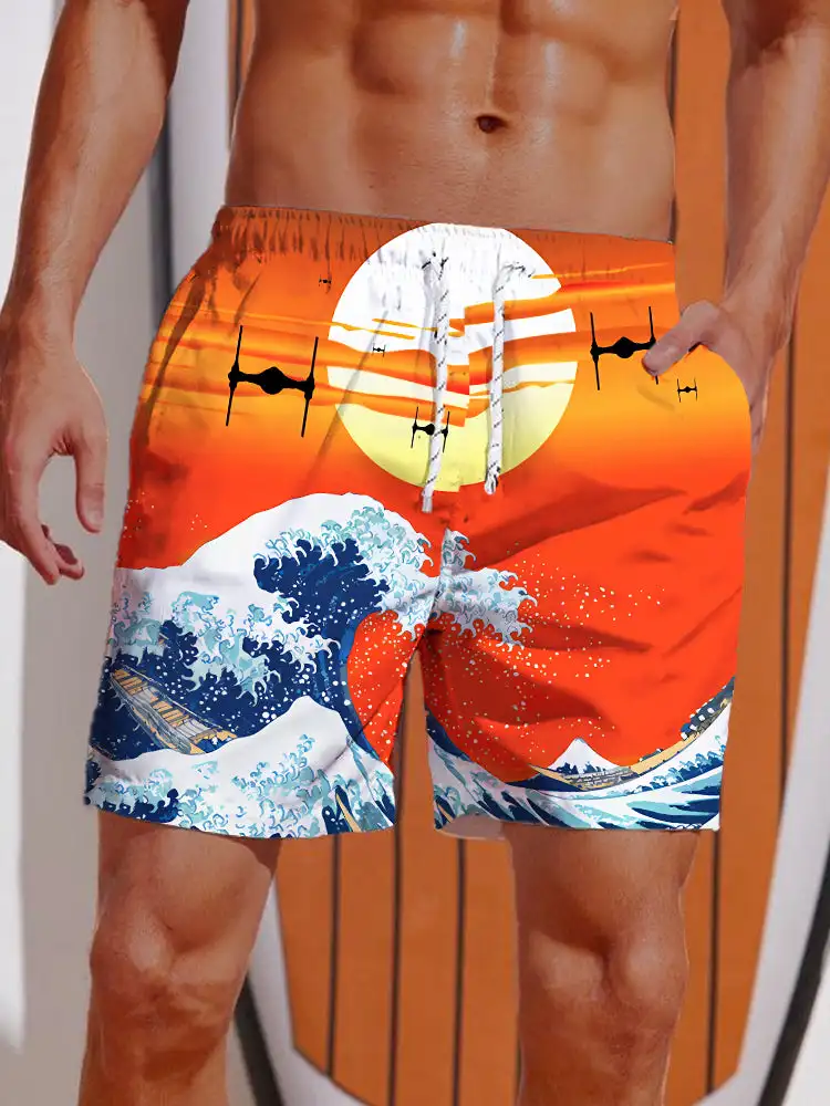 3D Printed Ukiyo-E Giant Fierce Shark And Cruise Ship Printing Shorts Men\'s Board Shorts Swim Trunks Drawstring Breathable Short