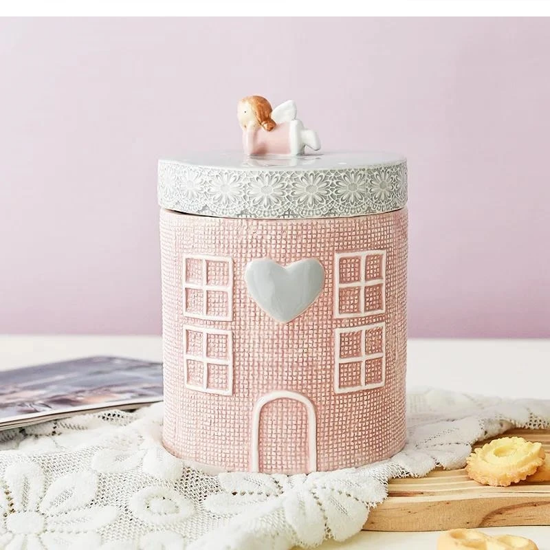 European cute angel pink ceramic sealed jar Kitchen storage container Household Wedding chocolate candy