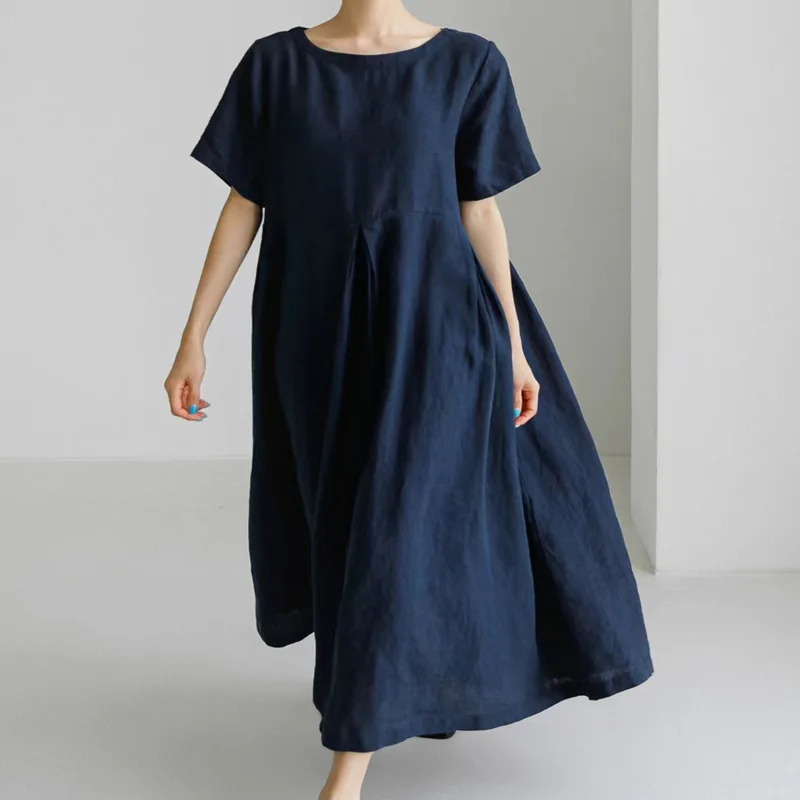 Oversized Loose Cotton Linen Dress Summer O-Neck Short Sleeve Pocket Harajuku Midi Party Dresses JYFS-0654