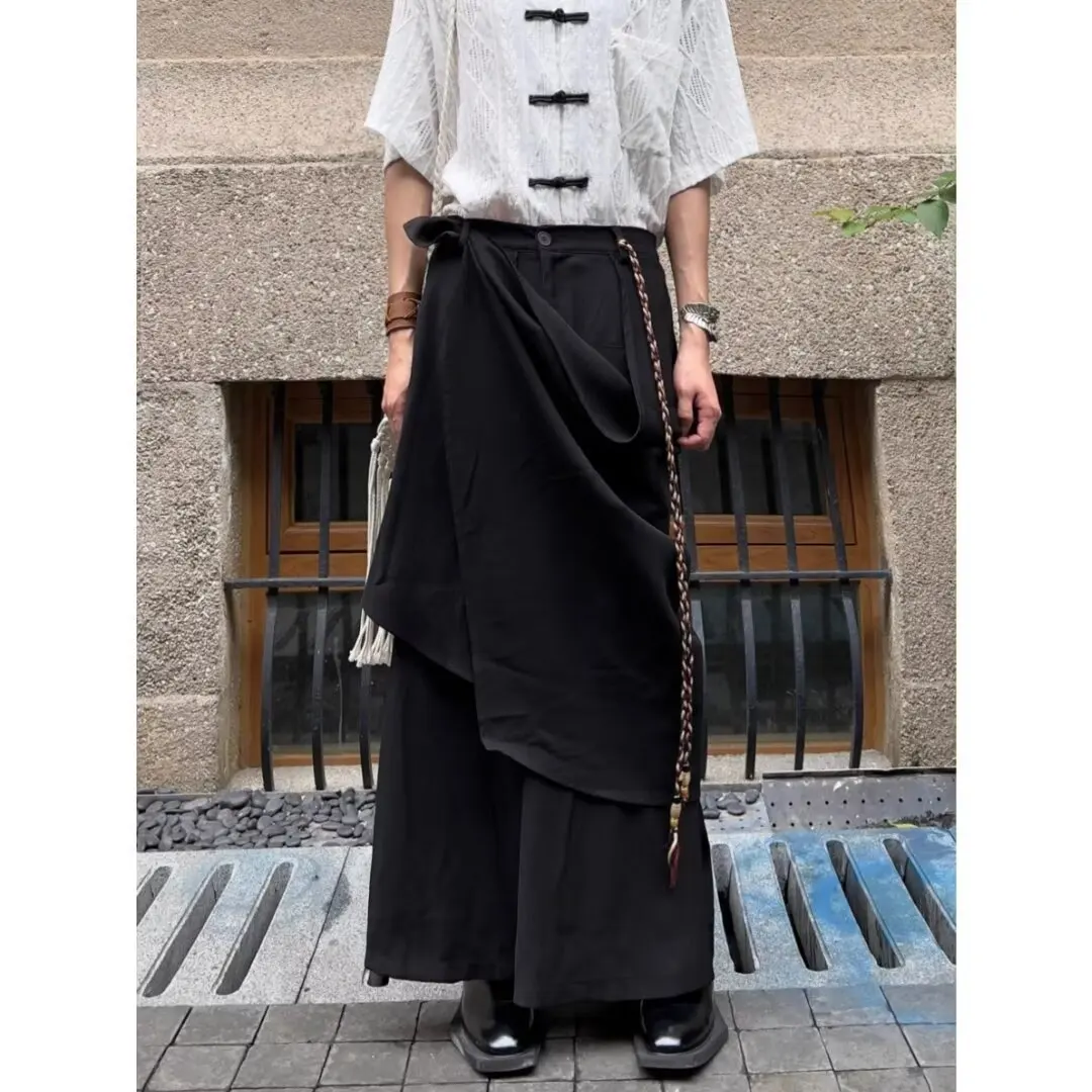 Unisex Hakama Pants Layered Skirt Trousers Irregular Wide Leg Cropped Pants Avant Garde Oriental Fashion Streetwear Bottoms