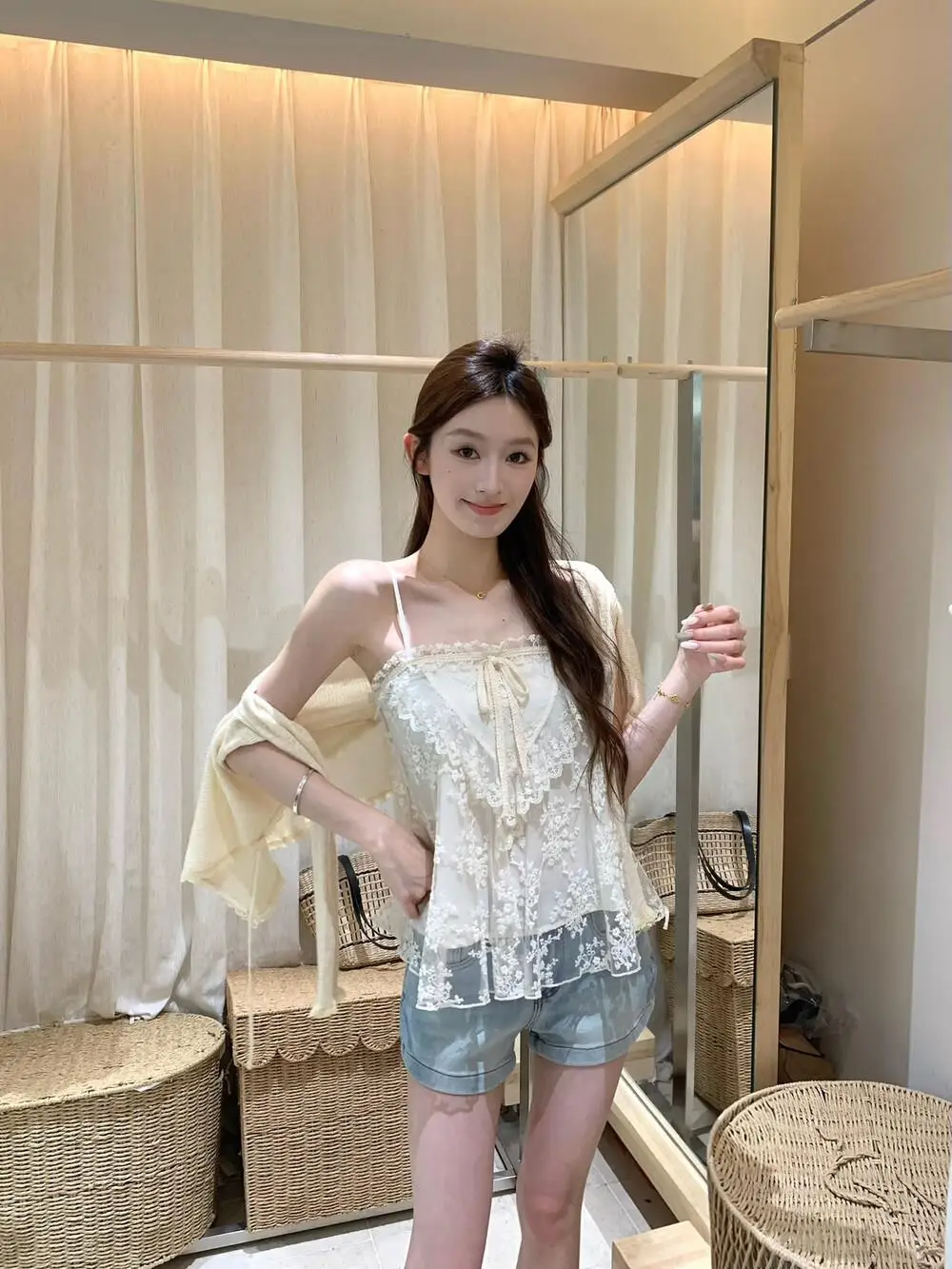 Pure Desire Style Heavyweight Lace Splicing Vest Strap Women's Summer Slimming Loose Outerwear Mesh Top A-Line Narrow Strap Vest