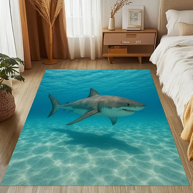 Ocean Shark Rug Underwater Great White Design Home Decoration Living Room Bedroom Vintage Pattern Design Non Slip Durable Rugs