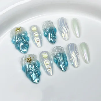 인어 3D 쉘 프레스 네일, 반짝이는 블루 오로라, 여름 바다 가짜 네일 패치, 웨어러블 수제 아몬드 가짜 네일 팁, 10 개