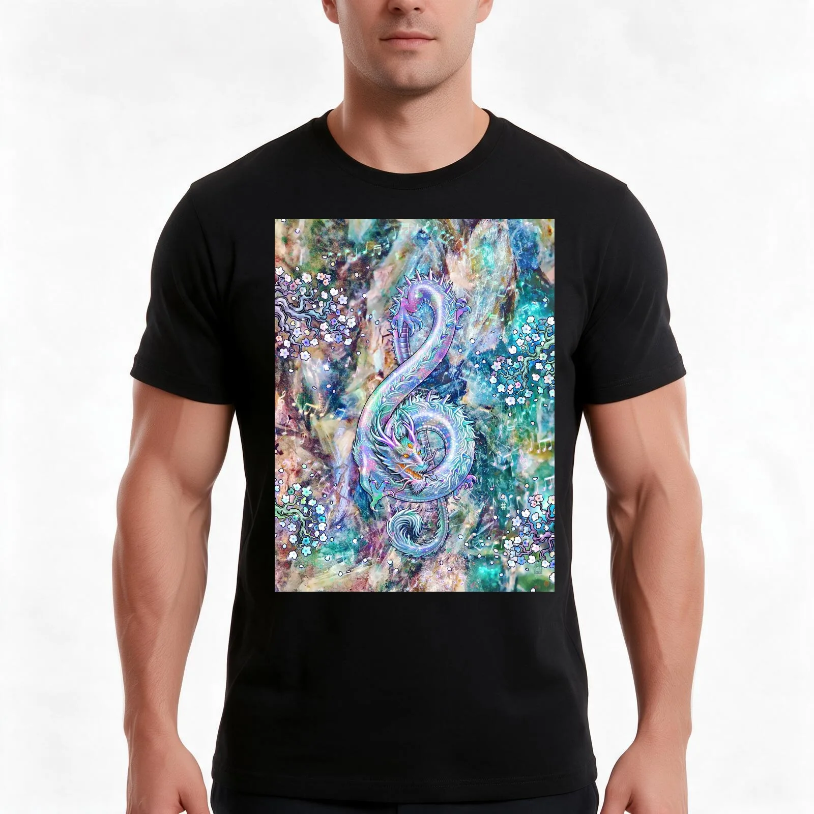 Treble Clef - Music Dragon - Opal T-Shirt Summer Casual Cotton Tee Oversized Streetwear Tops Vintage Graphic Print