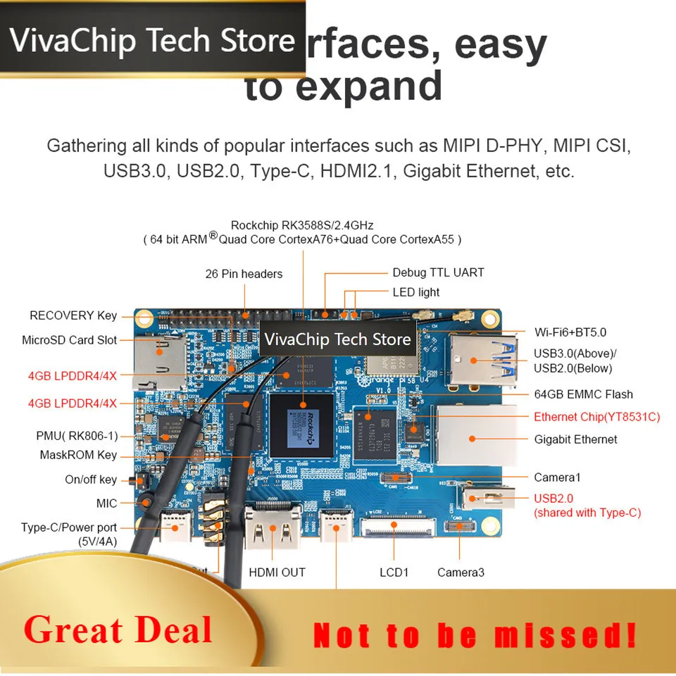 VivaChip TechOrange Pi 5B + Metal Shell 8GB Ram Single Board Computer RK3358S 64GB EMMC Wifi-BT Development Board Pi 5 B Run Deb