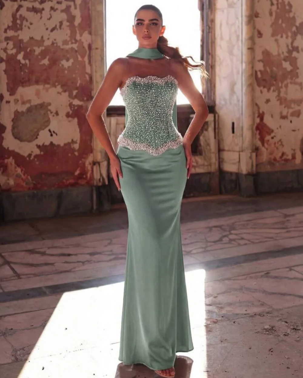 Customized Exquisite Women Jersey Rhinestone Beading Straight Evening Dress Formal Strapless Sleeveless Floor Lenght Party Gown