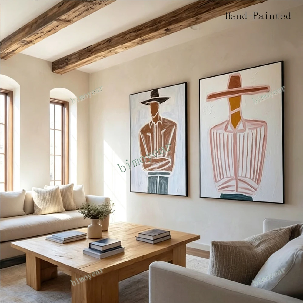 Western Abstract Figure Themed Paintings Collection on Canvas - Cowboy Men And Women Depictions - Two Sets of Abstract Artwork