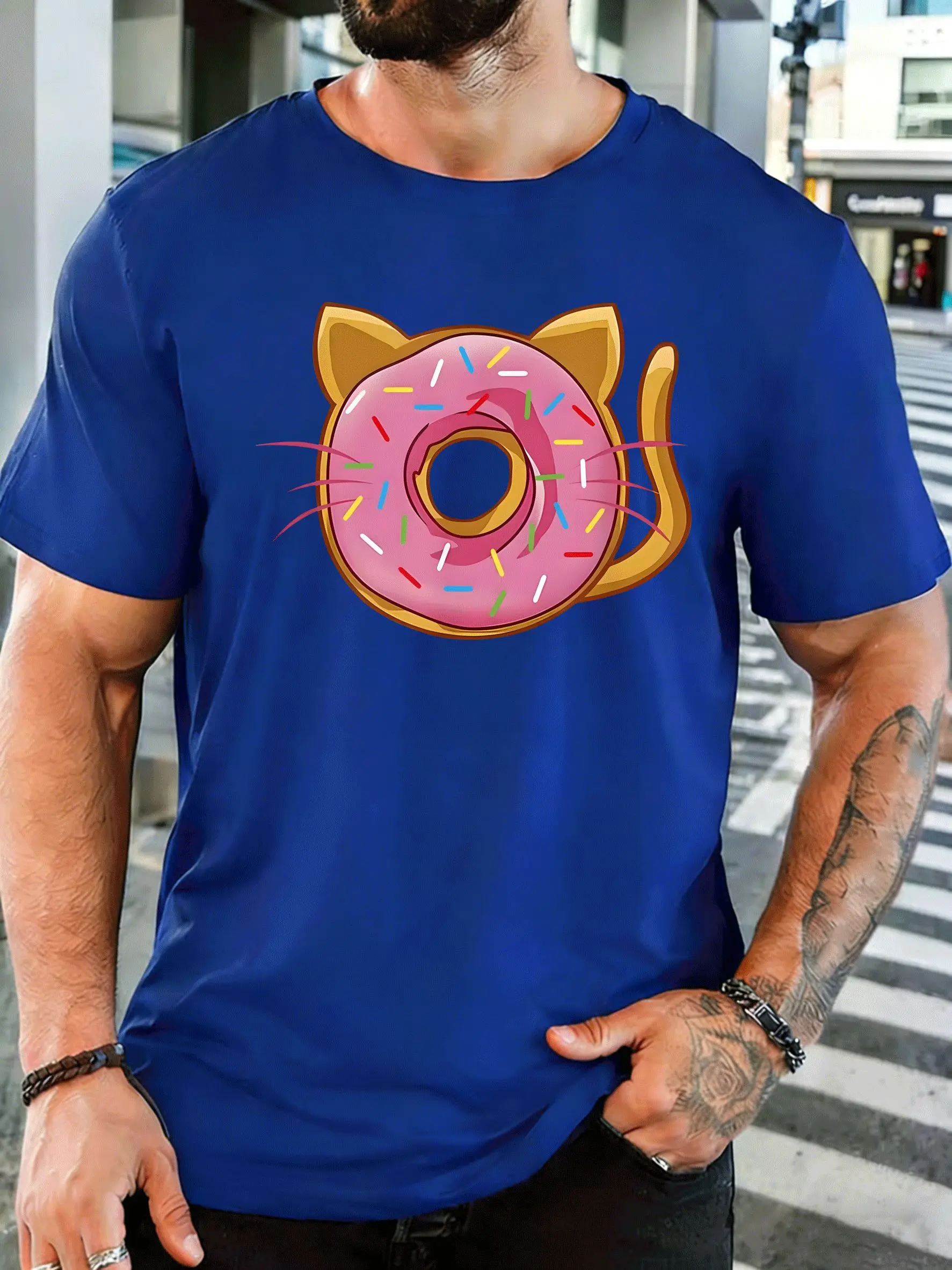 Men Short Sleeve T Shirt Cat Ear Donut Graphic Tee Sweet Food Print Tops Summer Soft Cotton Casual Street Wear For Adult Male