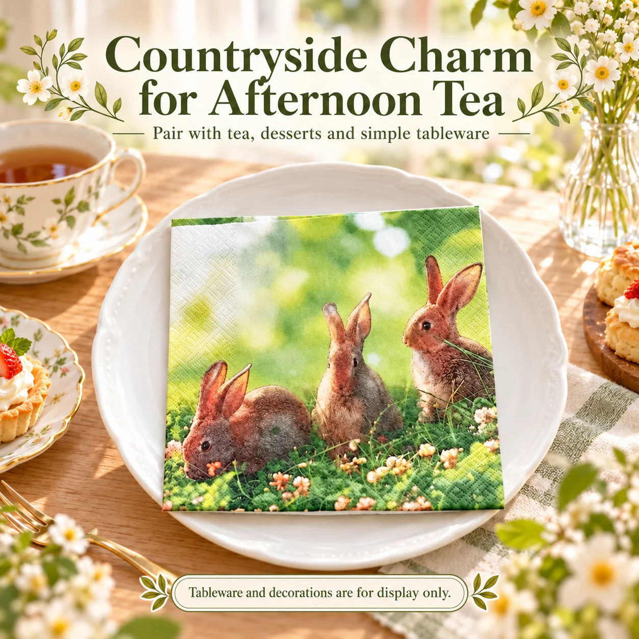 20pcs Rabbit Paper Napkins 33x33cm 2-Ply Spring Floral Napkins for Easter Dinner Party Afternoon Tea Table Decoration