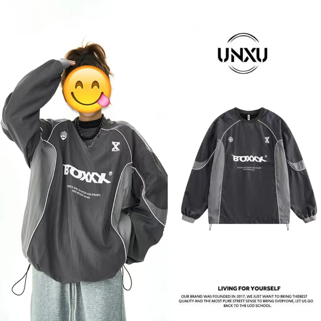 Felpe Unisex Unxu Stile Retrò Americano Funzionale con Stampa a Blocchi di Colore e Lettere, Collo Tondo, Primavera 2024, Casual e Impermeabili