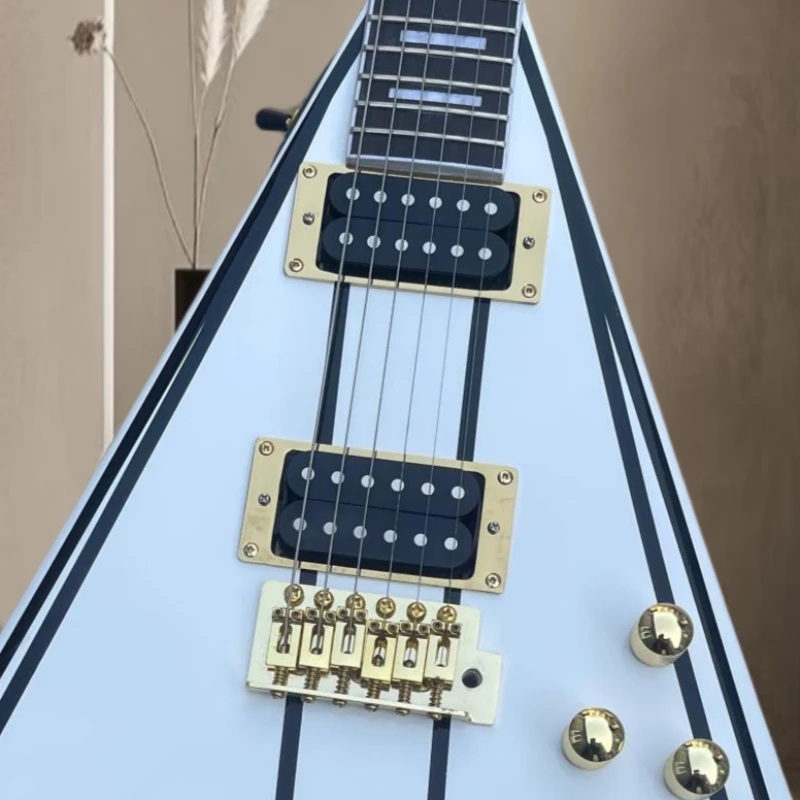 Gloss White Full V Electric Guitar Black Stripes Dual Humbuckers Gold Hardware Solid Body Rock Performance Guitar Free Delivery