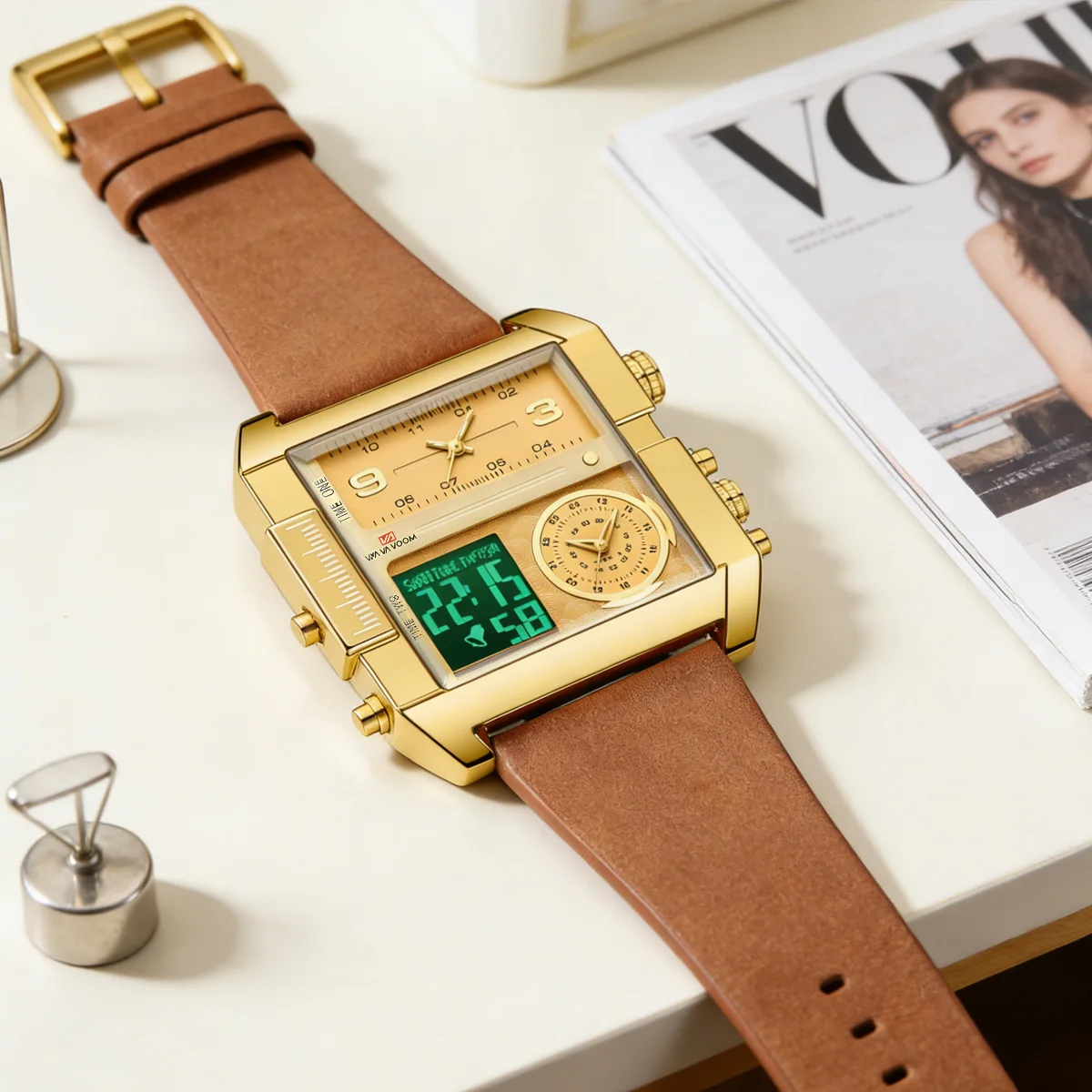 48mm Luxury Personalized Large Square Quartz Watch Men LED Dual Display Leather Electronic Watch Men Daily Business AAA Watch