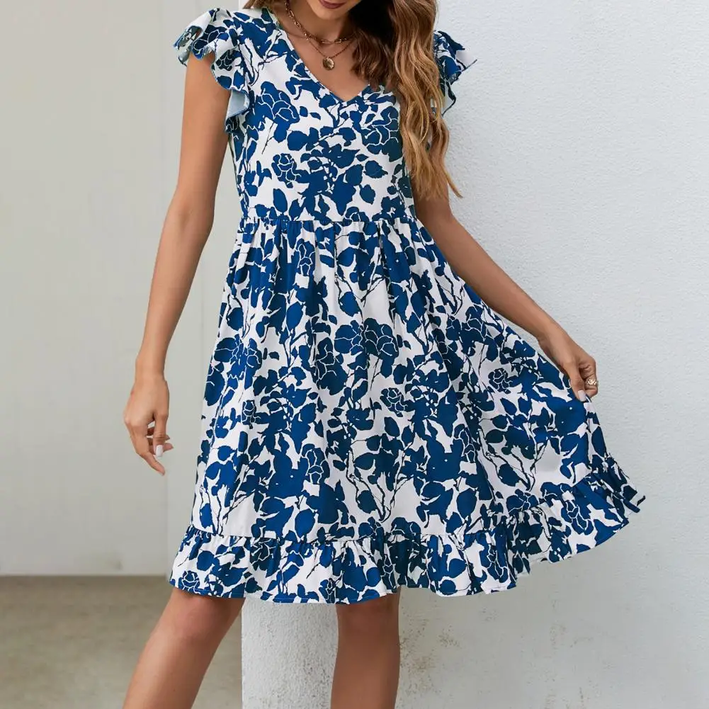 Vestido corto informal con estampado Floral para mujer, minivestido con cuello en V, dobladillo con volantes, ropa de calle elegante, vestido informal para vacaciones, estampado de hojas