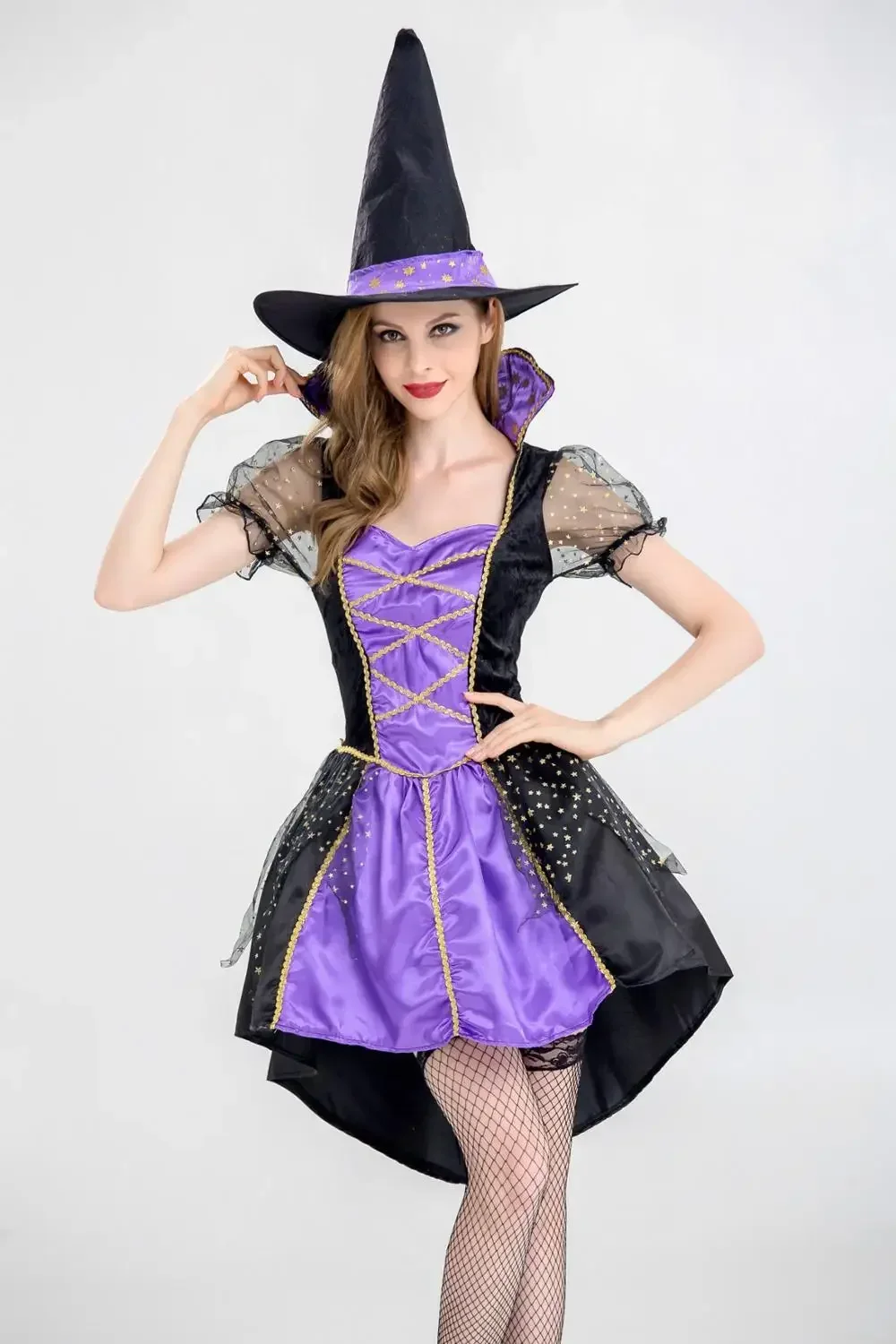 Halloween Witch Costume For Women Adult Sexy Purple Swallowtail Braces Dress Hat Carnival Party Female Suit