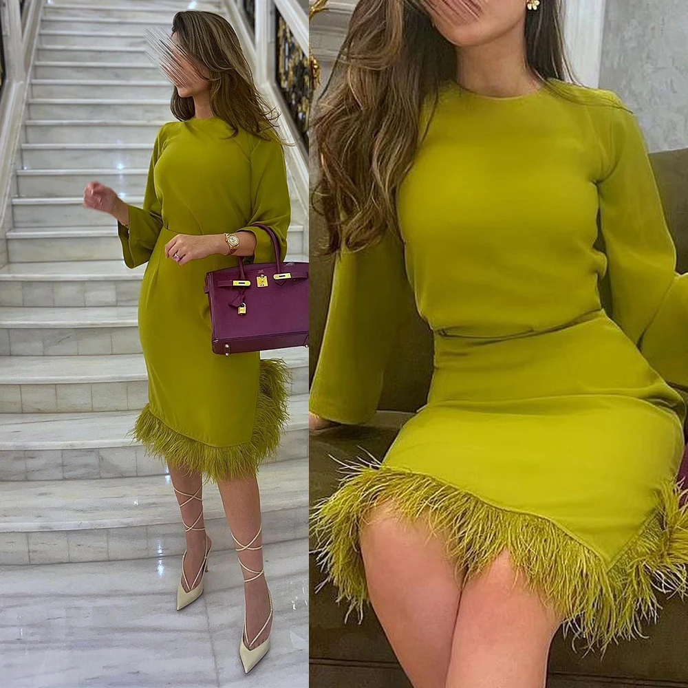 

Long Sleeve Charming Prom Dress Tea-Length Round Neck Feathers Party Dresses Sexy Sheath Solid Color فساتين السهرة 2023 جديده