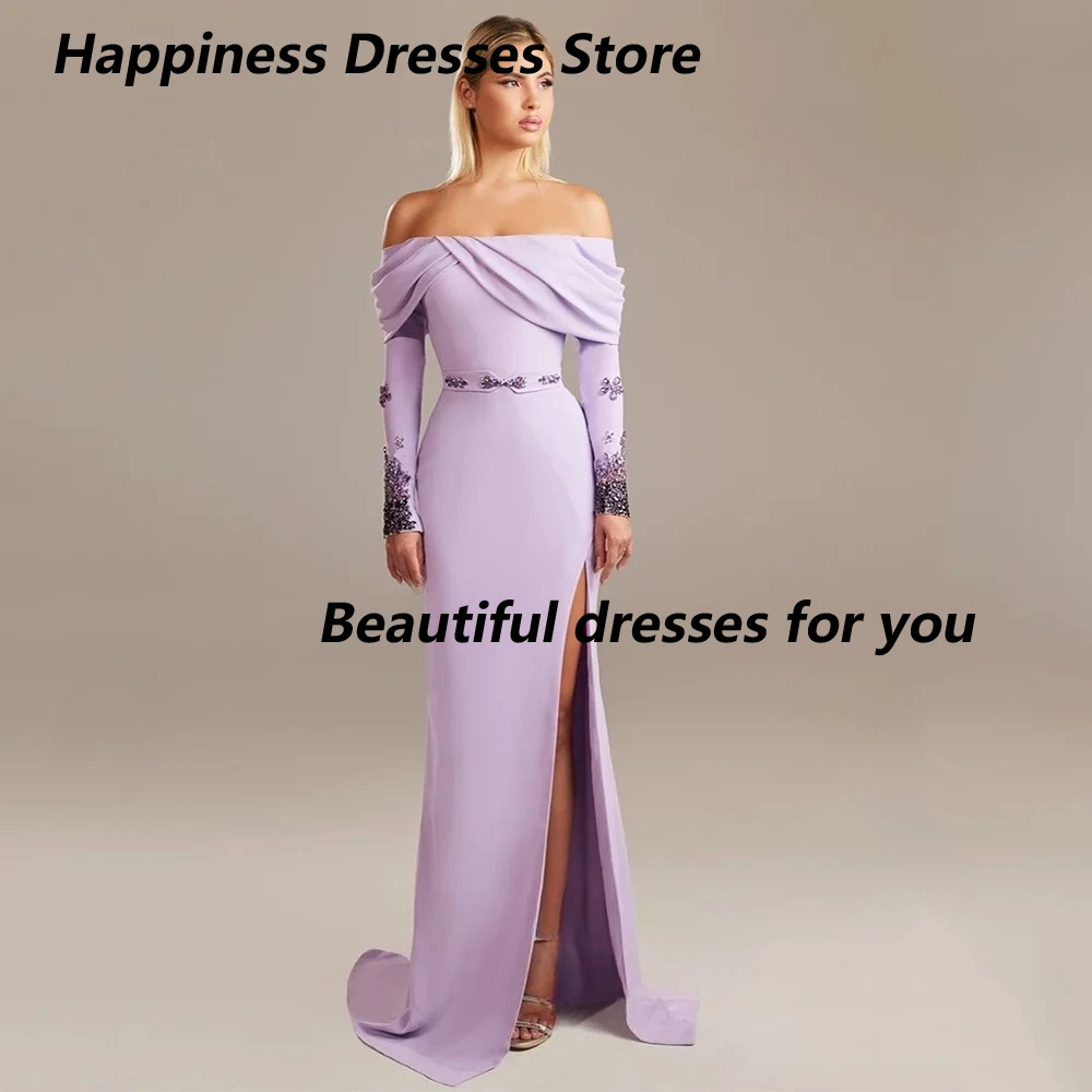 

Saudi Evening Dress Customized Beading Long Sleeves Boat Neck Pleat Crystal Sashes Mermaid Party Gown Hot Prom Dresses 2025