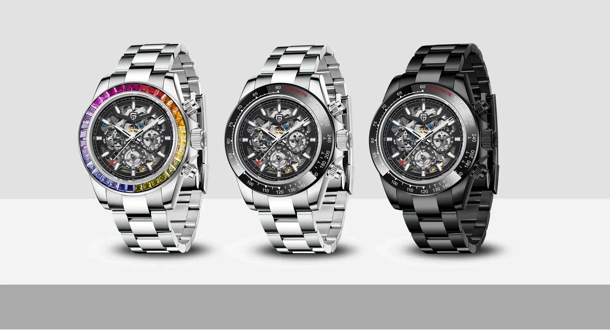 Pagani Design Gemstone Bezel Skeleton Automatic Watch