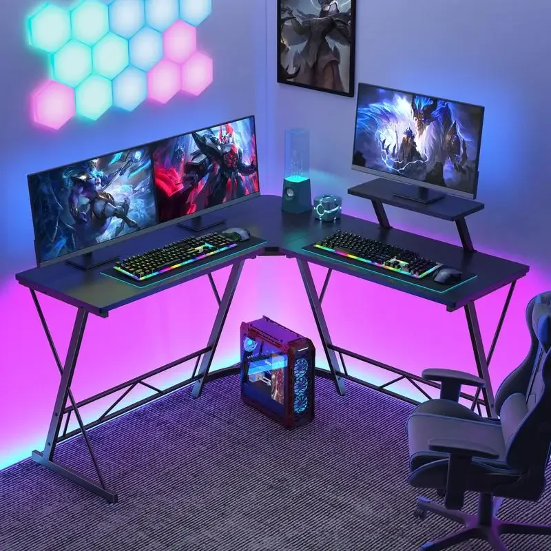 L Shaped Gaming Desk Corner Computer Desk, Easy to Assemble, Home Office Desks Writing Workstation with Large Monitor Stand