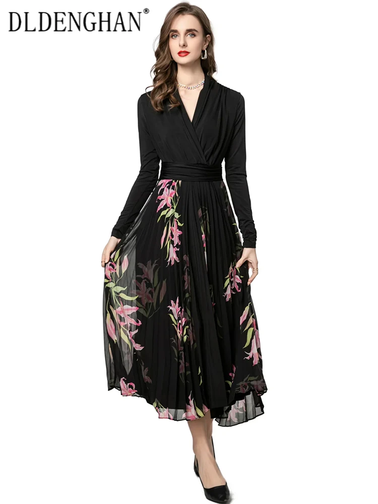 

DLDENGHAN Women's V-Neck Long Sleeves Flower Print Elegant Party Pleated Dresses Fashion Spring New