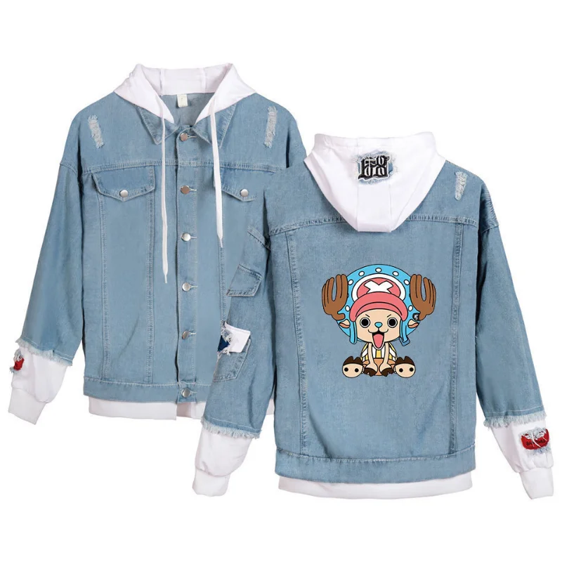 

ONE PIECE Anime Chooper Denim Bomber Jacket Hooded Jeans Sweatshirt Unisex Ripped Hole Cosplay Hoodie Long-Sleeved Denim Jacket