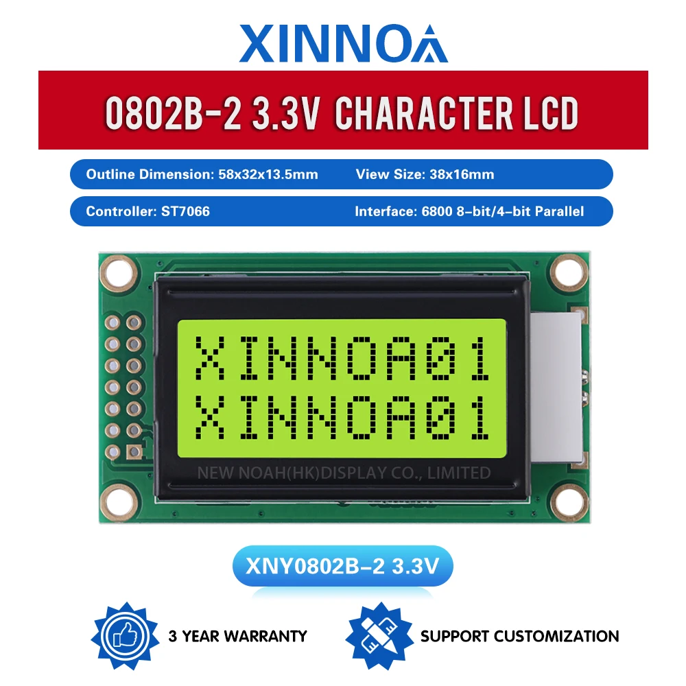 Écran LCD d'origine avec puce ST7066, film jaune et vert, technologie d'affichage LCM, 3.3V Rick, 14 broches, 02x8, 0802mm, 58x32x13.5mm, 0802B-2